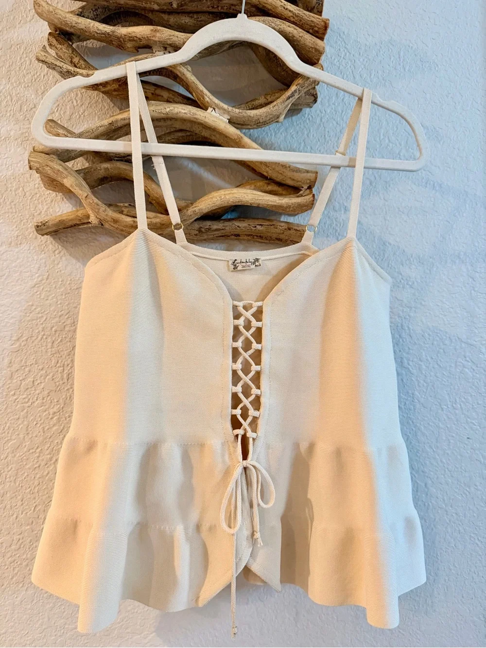 Free People Ivory Lace-Up Ribbed Cami Sz L Arlo lace up peplum tank top shirt